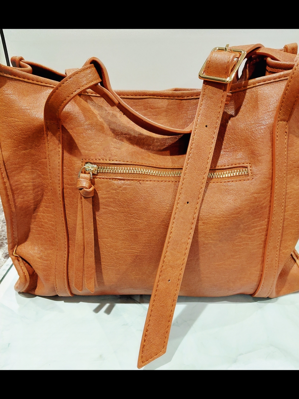 Sasha & Sofi  Tan Women's Tote Bag with Front Zip Pocket Long Strap Roomy Inside